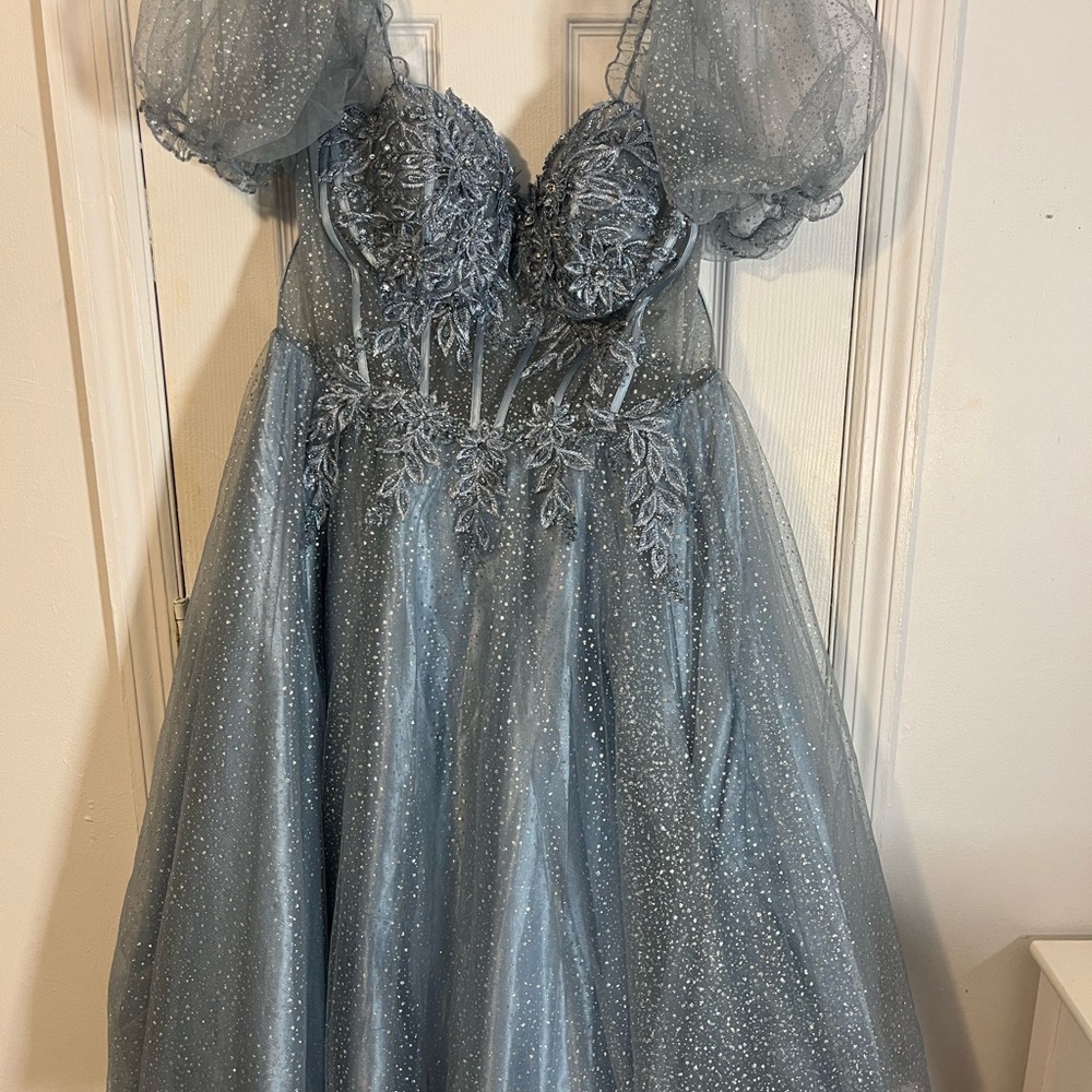 Cinderella Divine CD0187, Smokey Blue Puff-Sleeve Tea-Length Gown, Worn Twice